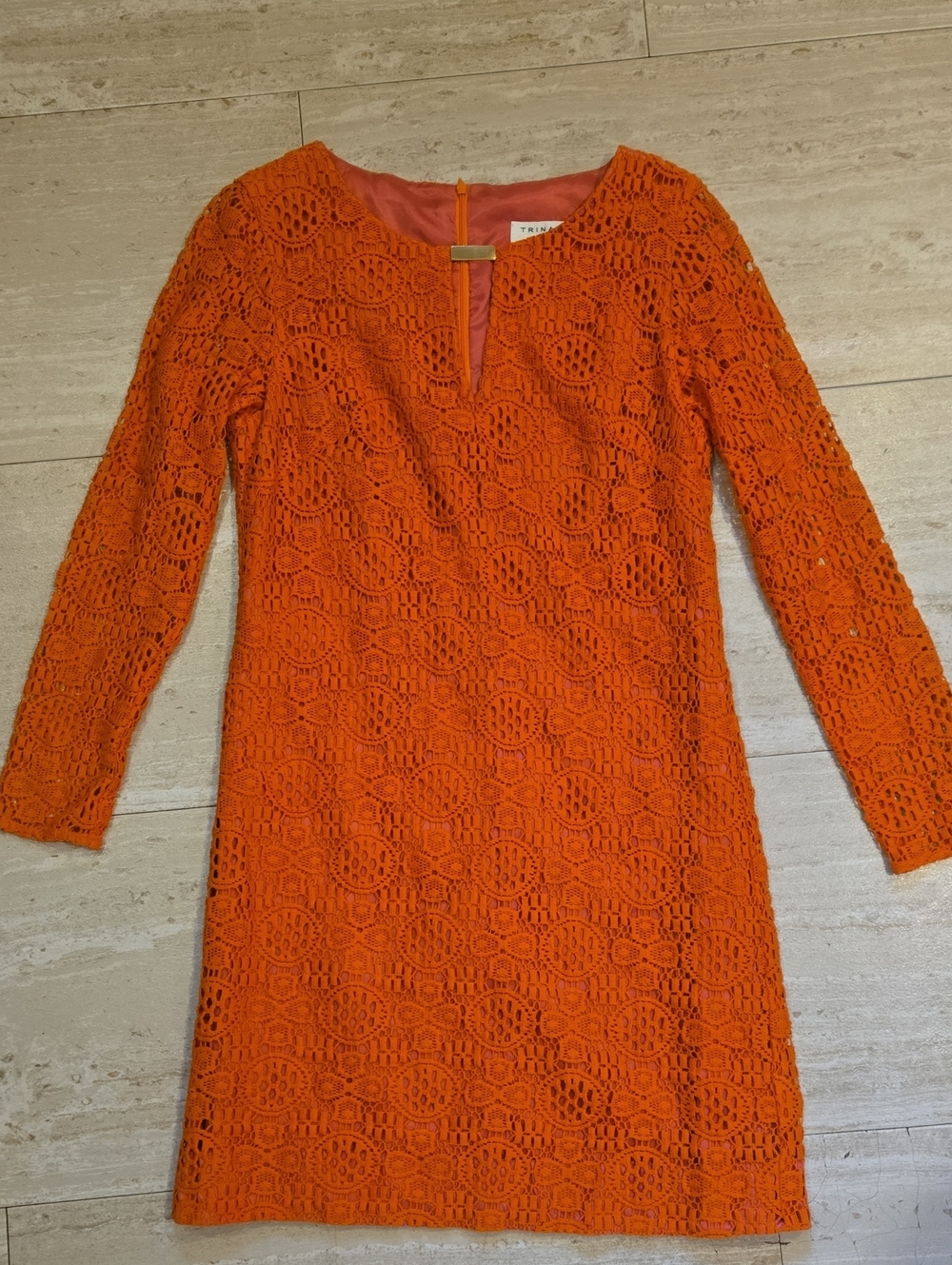 Trina Turk Bright Orange Crochet Lace Overlay Long Sleeve Dress